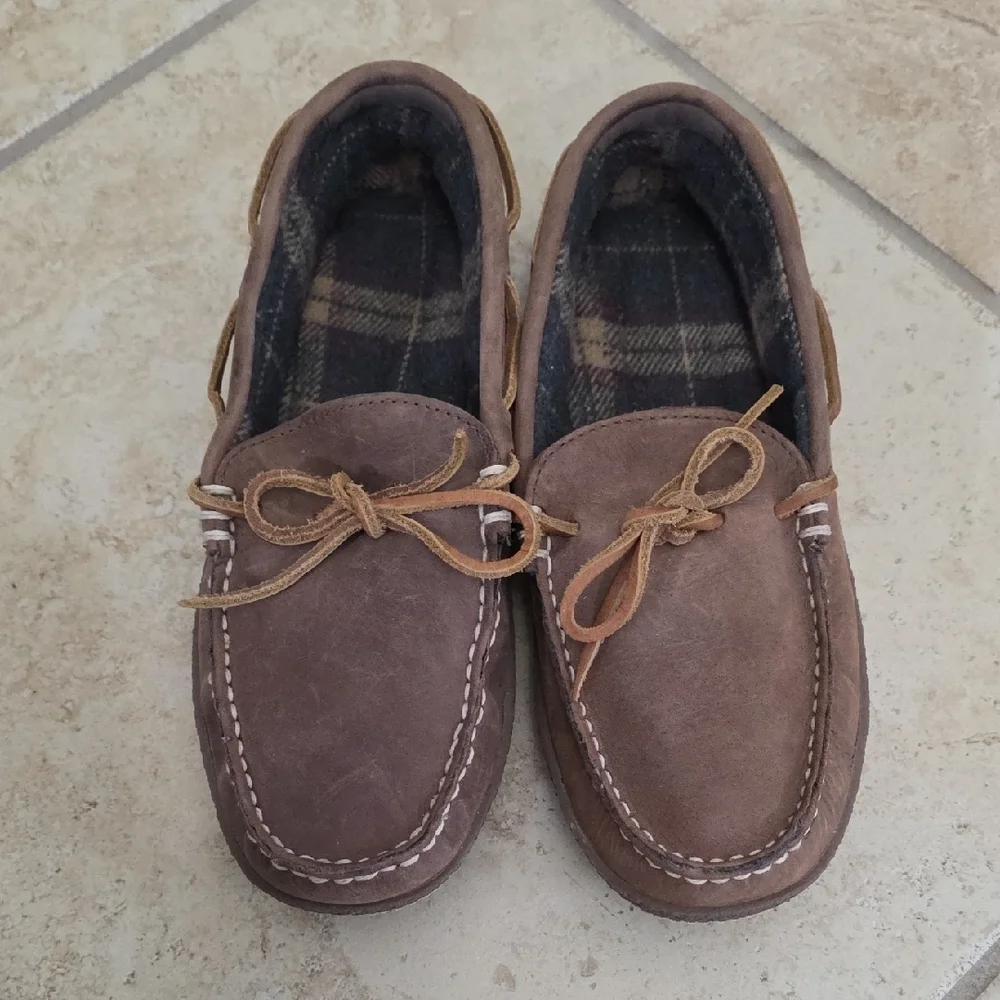 NWOT L.L.Bean Men's Handsewn Brown Leather Flannel-Lined Slippers Size 8​​